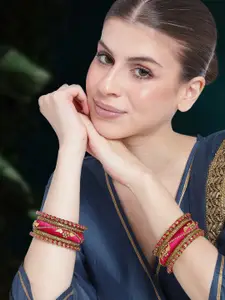 Peora Women 10Pcs Gold-Plated Silk Thread Work & Stone Studded Bangles