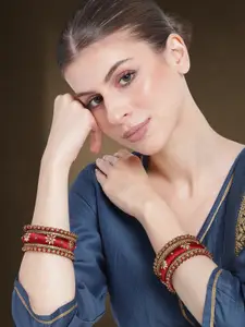 Peora Women Gold-Plated 10Pcs Thread Work & Stone Studded Metal Bangles Set