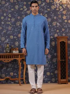 House of Pataudi Ethnic Motifs Embroidered Mandarin Collar Sequinned Detail Straight Kurta