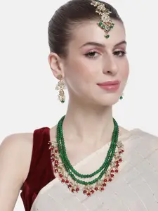 Peora Women Gold-Plated Beaded Layered Necklace with Earrings and Maangtikka