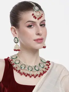 Peora Women Gold-Plated Kundan Studded Necklace with Earrings and Maangtikka