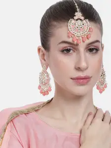 Peora Women Gold-Plated Kundan Studded & Beaded Dangle Earrings with Maangtikka Set