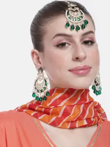 Peora Women Gold-Plated Kundan Studded Dangle Earrings & Maangtikka Set