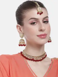 Peora Women Gold-Plated Kundan Studded Choker Necklace with Earrings & Maangtikka