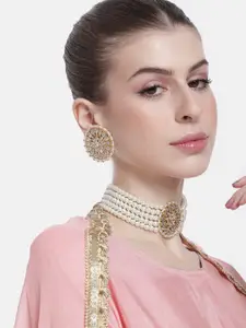 Peora Women Gold-Plated Kundan Studded & Beaded Choker Necklace with Earrings