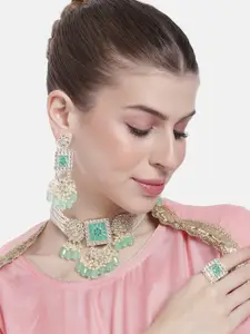 Peora Women Gold-Plated Kundan Studded Layered Choker Necklace with Earrings & Finger Ring