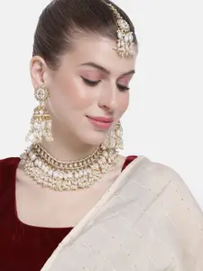 Peora Women Gold-Plated Kundan Studded Choker Necklace with Earrings and Maangtikka