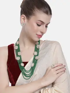 Peora Women Gold-Plated Beaded Layered Necklace with Earrings and Maangtikka