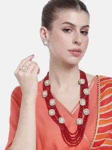 Peora Women Gold-Plated Beads Studded Layered Necklace with Earrings