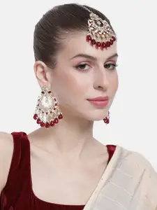 Peora Women Gold-Plated Kundan Studded Dangle Earrings & Maangtikka Set