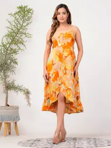 Riara Floral Printed Shoulder Straps Tulip A-Line Midi Dress
