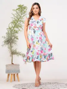Riara Floral Printed V-Neck Ruffles A-Line Dress