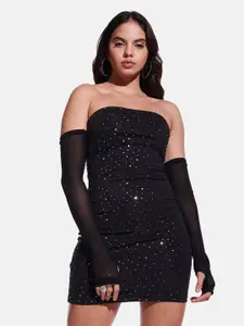 IZF Embellished Strapless Sequined Bling & Sparkly Bodycon Mini Dress with Gloves