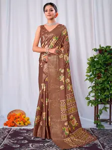 Mitera Brown Floral Printed Dola Silk Sungudi Saree