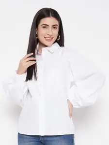 BAESD Classic Spread Collar Puff Sleeves Cotton Casual Shirt