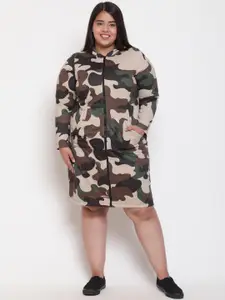 Amydus Plus Size Camouflage Print Hooded Neck Long Sleeve Shirt Dress