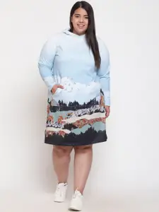 Amydus Plus Size Graphic Printed Hooded Cotton A-Line Dress