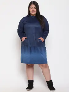 Amydus Plus Size Ombre Printed Hooded Cotton A-Line Midi Dress