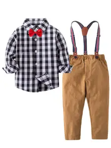 StyleCast Boys Black Checked Shirt with Trousers And Suspenders