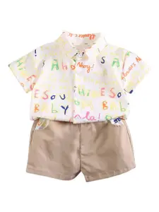 StyleCast Boys Beige & Brown Typography Printed Shirt With Shorts
