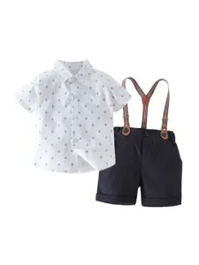 StyleCast Boys White Printed Shirt with Shorts And Suspenders