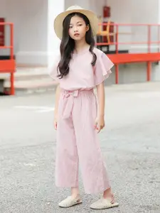 StyleCast Girls Pink Striped Flutter Sleeve Pure Cotton Top with Pyjamas