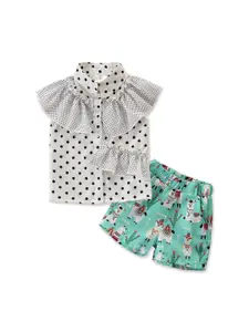 StyleCast Girls Polka Dots Printed Shirt Collar Ruffled Top with Shorts