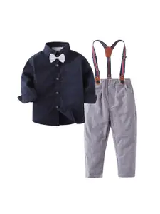 StyleCast Navy Blue Boys Shirt Collar Long Sleeve Shirt With Trouser & Suspender