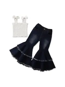 StyleCast Girls White & Navy Blue Self Design Top With Flared Jeans
