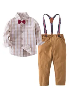 StyleCast Boys Cream-Coloured Checked Shirt with Trousers & Suspenders