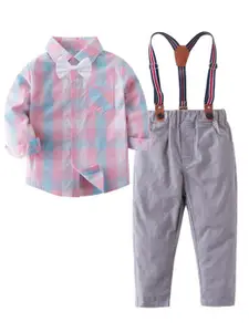 StyleCast Boys Pink Checked Shirt Collar Shirt With Trouser & Suspender
