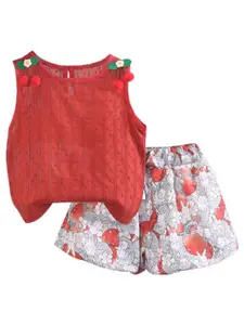 StyleCast Girls Orange & Grey Self Design Top With Printed Shorts