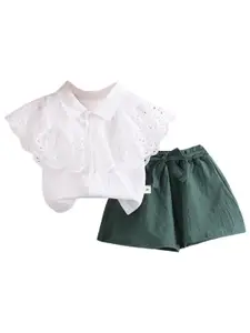 StyleCast Girls White & Green Shirt Collar Top with Shorts