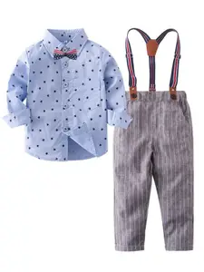StyleCast Boys Blue Printed Shirt And Trousers With Suspenders