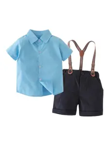 StyleCast Boys Blue Striped Shirt Collar Shirt & Shorts With Suspenders