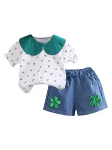 StyleCast Girls White & Blue Printed Peter Pan Collar Top with Shorts