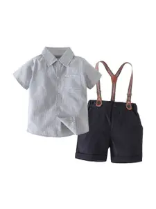 StyleCast Boys Grey & Blue Striped Shirt with Shorts & Suspenders