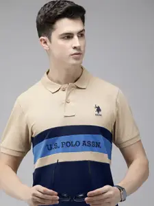 U.S. Polo Assn. Brand Logo Colourblocked Polo Collar Pure Cotton Slim Fit T-shirt