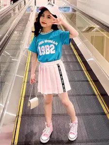 StyleCast Girls Blue Printed Pure Cotton T-shirt With Skirt