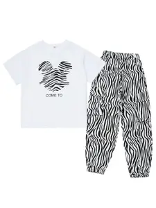 StyleCast Girls White Abstract Printed Pure Cotton T-shirt With Pyjamas