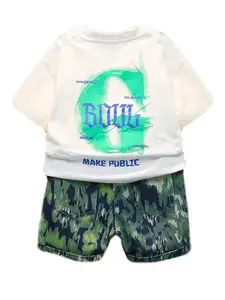 StyleCast Boys White & Green Printed Pure Cotton T-shirt With Shorts