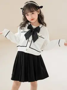 StyleCast Girls White Self Designed Bow Detail Pure Cotton Top With Skirt