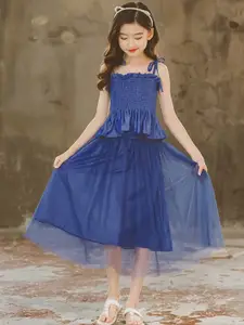 StyleCast Girls Blue Smocked Shoulder Strapped Pure Cotton Top with Skirt