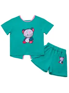 StyleCast Girls Blue & Grey Printed Pure Cotton T-shirt With Shorts