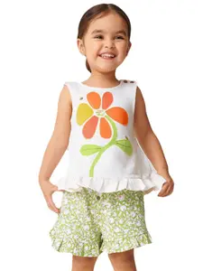 StyleCast Girls White Floral Printed Pure Cotton Top with Shorts