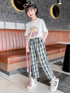 StyleCast Girls White & Beige Printed Pure Cotton T-shirt with Checked Pyjamas