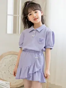 StyleCast Girls Purple Shirt Collar Pure Cotton Top with Skirt