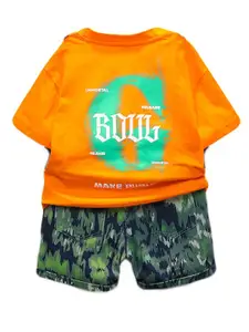 StyleCast Boys Orange & Navy Blue Graphic Printed Pure Cotton T-shirt With Printed Shorts