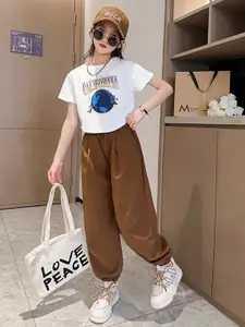 StyleCast Girls White Printed Pure Cotton T-shirt with Trouser