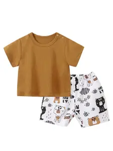 StyleCast Boys Brown Round Neck Pure Cotton Top with Shorts